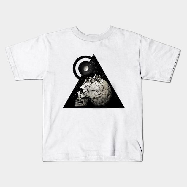 Fantasy landscape: skull, moon and the mountains Kids T-Shirt by HurdyGurdy